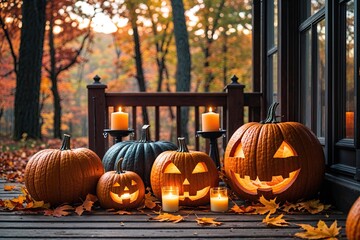 Autumn Leaves Halloween Pumpkins and Candles on a Rustic Wooden Porch