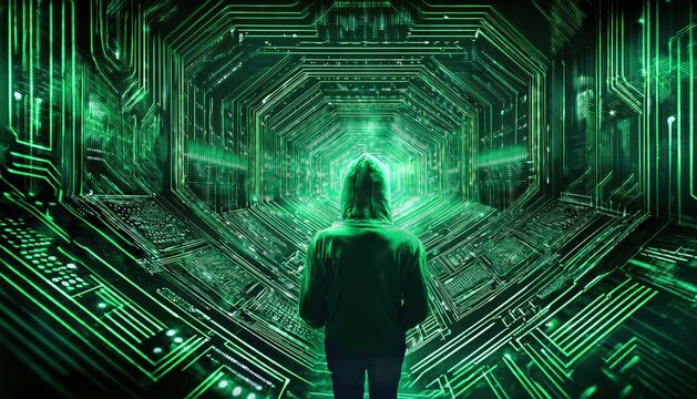 Person standing in a dark tunnel surrounded by intricate green data code in an urban cyberpunk scene