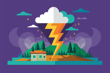 Naklejka premium A thunderstorm with dark clouds and a lightning bolt above a house surrounded by trees and hills, Storm Customizable Semi Flat Illustration