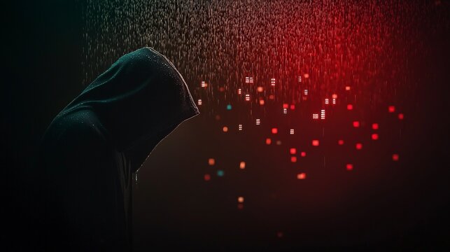 Mysterious Hooded Figure in Rain  Digital Code  Dark Atmosphere