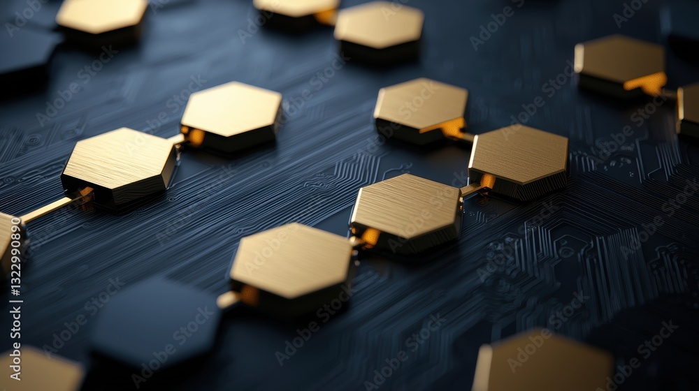 Poster hexagon shapes: close up of a circuit board with hexagonal components, representing advanced microch