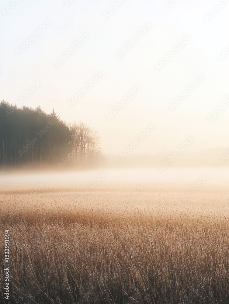 Poster Serene lavender field at sunrise enveloped in soft mist and delicate golden light with a minimalistic aesthetic