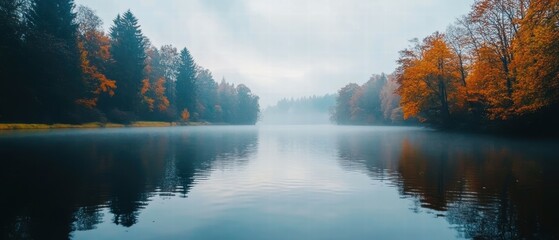 Serene Lake Surrounded by Autumn Trees Under Soft Foggy Light