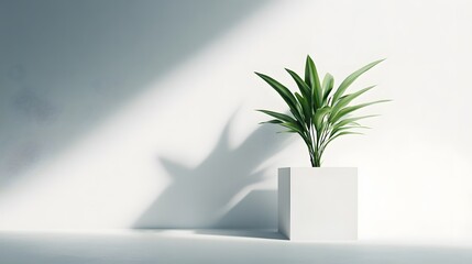Minimalist Decor with Green Plant in Stylish White Cube Pot Against Blank Wall Background