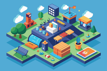 A lively isometric storyboard showcasing various urban elements and activity zones in a colorful layout, Storyboard Customizable Isometric Illustration