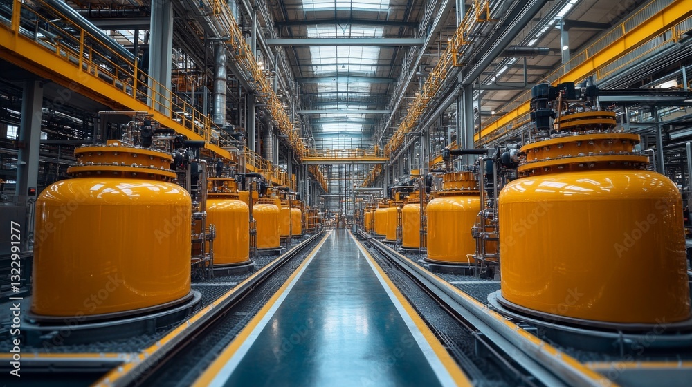 Leinwandbilder workers manage industrial equipment in a petrochemical refinery equipped with bright yellow synthesi