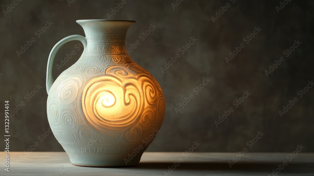 Poster elegant ceramic pitcher with intricate patterns illuminated from within on a soft multi-toned backgr