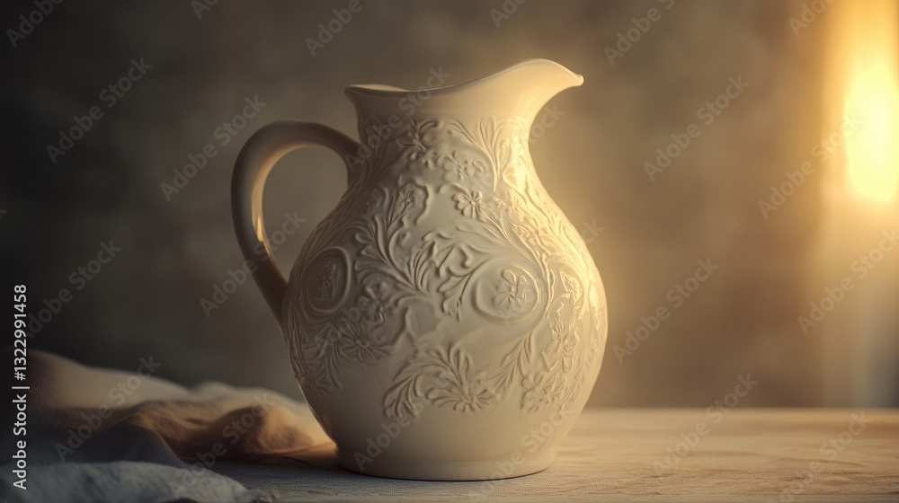 Poster elegant ceramic pitcher with intricate floral design illuminated by soft natural light in a rustic s