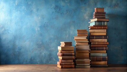 A Collection of Vintage Books Arranged in Ascending Stacks Against a Textured Blue Wall