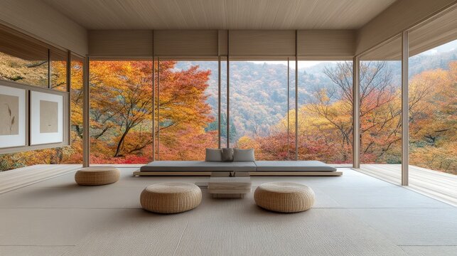 Zen interior with autumn forest view