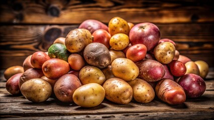 Obraz premium Colorful Assortment of Fresh Potatoes on Rustic Wooden Background