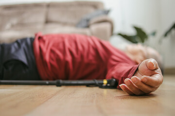 Senior Man With Walker Stick Lying On The Floor , Epilepsy, Unconsciousness, Faint, Stroke,...