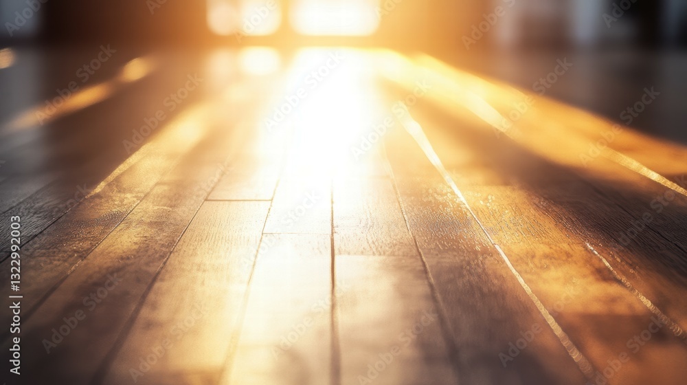 Poster sunlight filtering through bokeh effect on warm pinewood floor