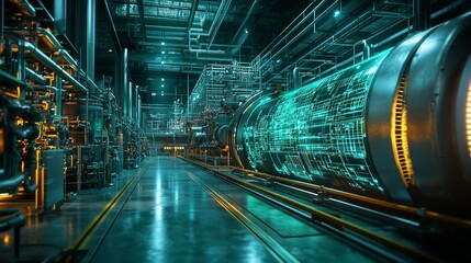 Obraz premium Industrial Factory Interior with Advanced Technology and Neon Lighting