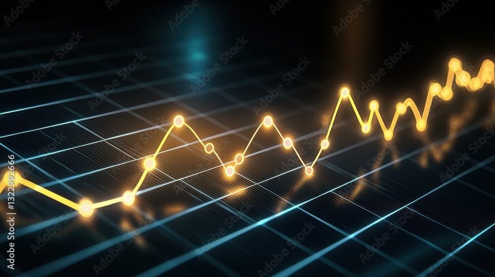 Poster a dynamic golden line graph representing fluctuating data trends on a grid background, illustrating 