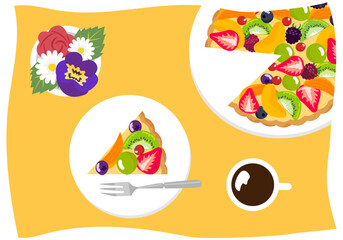 カラフルなフルーツタルトとコーヒー、花のあるテーブルを上から見たベクターイラストレーション