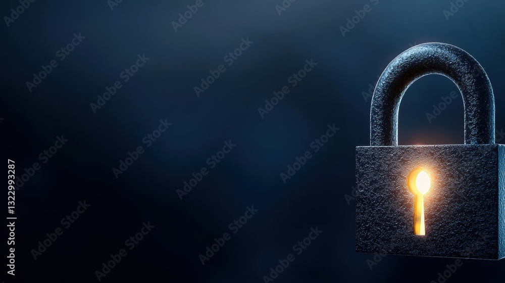 Poster lock and shield icons: a metallic lock icon with a glowing keyhole, representing data security, encr