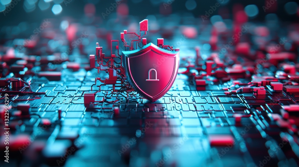 Aufkleber lock and shield icons: a shield icon with a digital network grid in the background, symbolizing netw