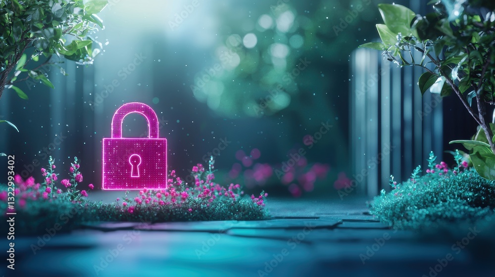 Poster lock and shield icons: a futuristic holographic lock icon floating in a digital environment, symboli