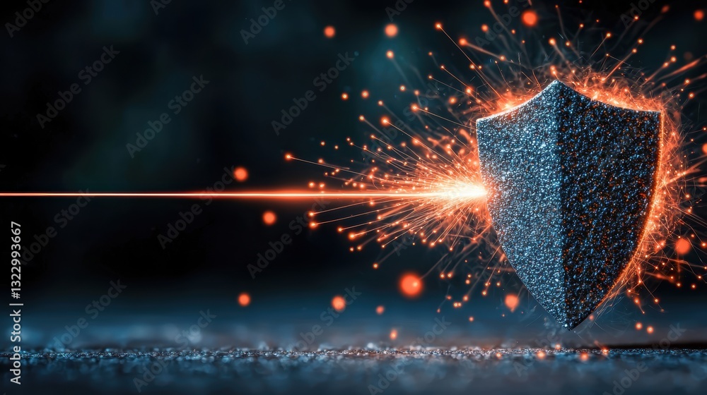 Aufkleber firewalls and barriers: a shield deflecting digital attacks visualized by glowing lines and data str