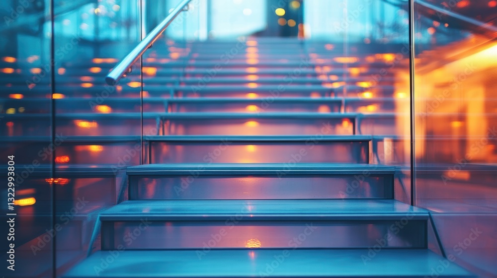 Poster stylish transparent staircase with bokeh lighting effects in modern design