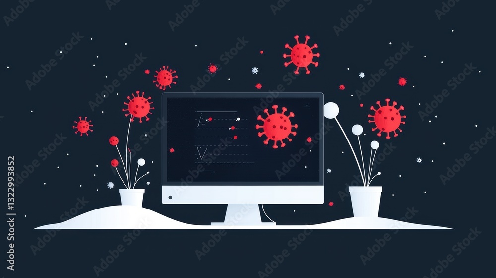 Poster virus icons or warning signs: a computer screen displaying virus scan results with detected threats 