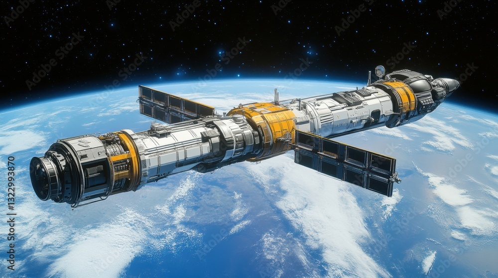 Poster a futuristic spacecraft or space station orbits earth, showcasing advanced technology and intricate 