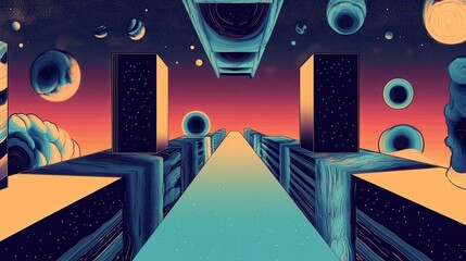 Abstract Cosmic Cityscape With Celestial Bodies And Structures