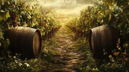 Obraz premium Scenic Vineyard Landscape with Rows of Grape Vines and Rustic Barrels