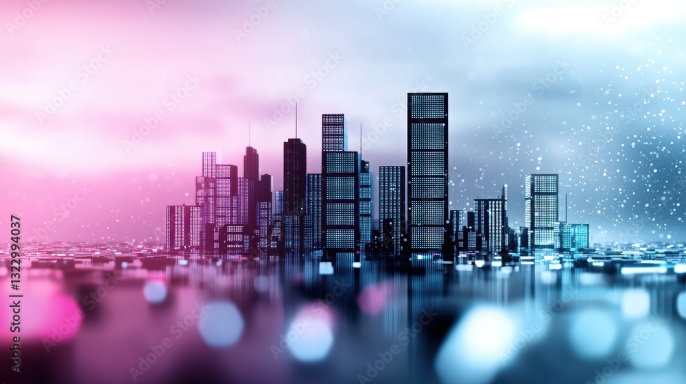 Poster data matrix and digital grids: a futuristic cityscape with a digital grid overlay, representing smar