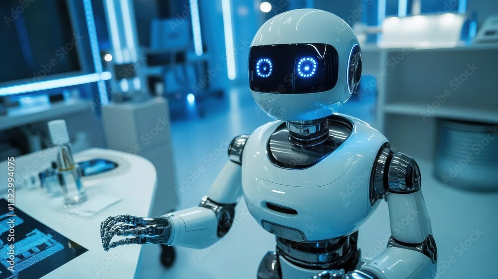 Poster a friendly robot with blue eyes interacts in a high-tech environment, showcasing advancements in art