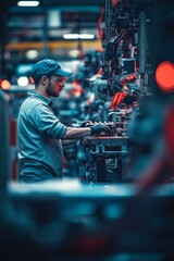 A man in a blue hat and goggles is working on a machine