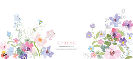 Abstract spring floral art background vector illustration. Watercolor hand painted botanical flower, leaves, eucalyptus, wildflower. Design for wallpaper, banner, card, print, wedding.