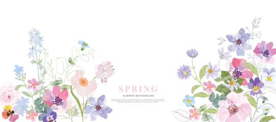 Fototapeten Abstract spring floral art background vector illustration. Watercolor hand painted botanical flower, leaves, eucalyptus, wildflower. Design for wallpaper, banner, card, print, wedding. © babeer