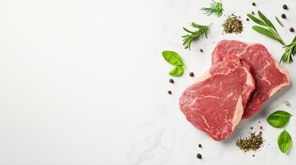Two raw steak pieces beautifully displayed on a white surface with fresh herbs and spices for culinary inspiration