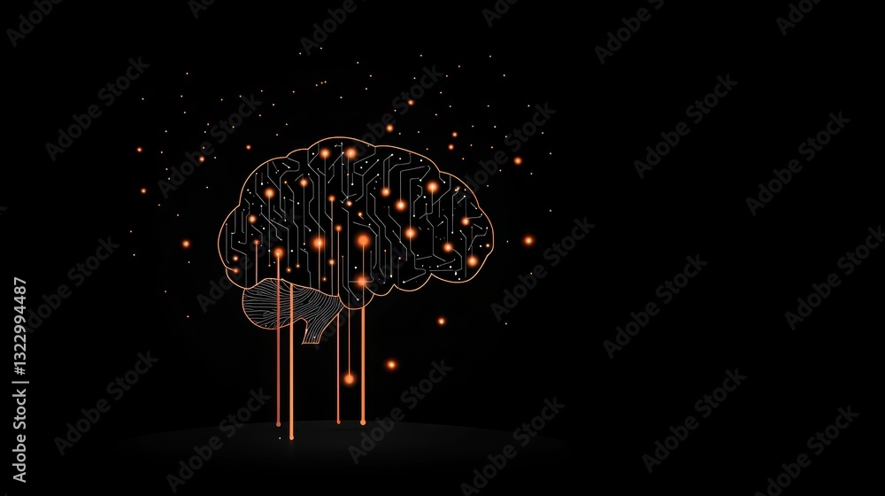 Poster abstract brain or ai icon: stylized human brain with glowing circuits and data pathways, representin