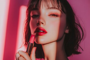 A woman is holding a red lipstick in her hand