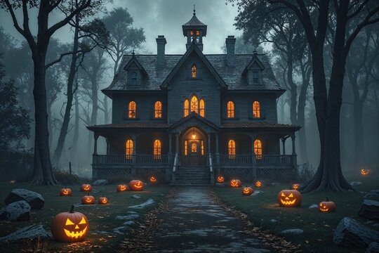 Haunting Halloween Asylum in Eerie Dark Forest Landscape