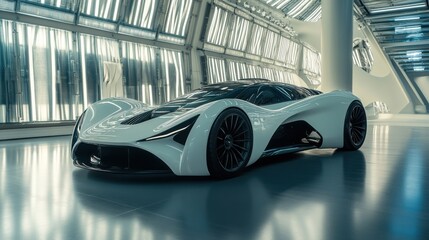 Obraz premium A sleek, futuristic sports car displayed in a modern, well-lit environment, featuring a dynamic design and high-performance aesthetics.