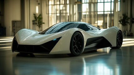 A sleek, futuristic white sports car with an aerodynamic design parked indoors under bright lights.