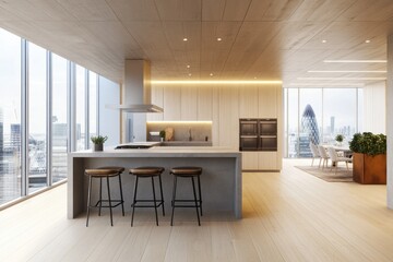 Fototapeta premium Modern kitchen with city view, island, and hardwood floors.