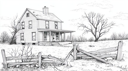 Fototapeta premium Simple drawing of an old farmhouse in a rural landscape. Possible use Greeting card
