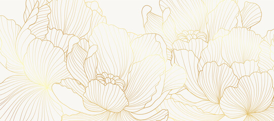 Luxury golden peony flower line art background vector. Natural botanical elegant flower with gold line art. Design illustration for decoration, wall decor, wallpaper, cover, banner, poster, card.  © babeer