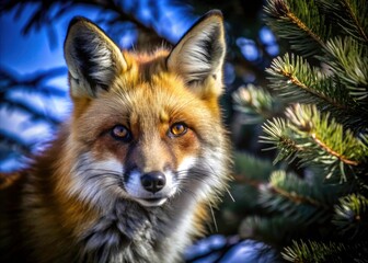 Obraz premium Red Fox Portrait, Closeup Wildlife Photography, Pine Forest Bokeh, Animal Eyes, Nature Image