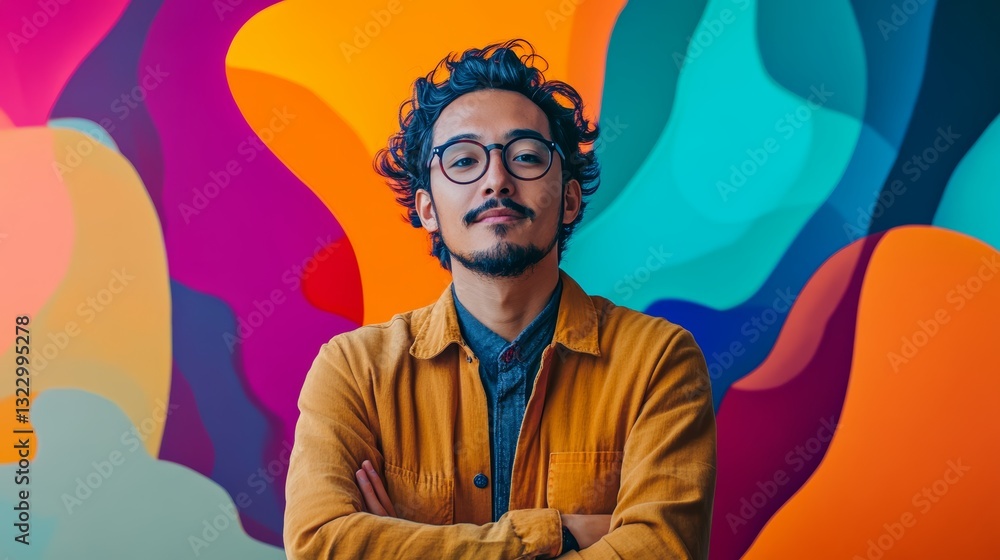 Poster a man with glasses and a beard stands in front of a colorful background