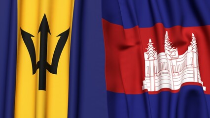 Flags of BARBADOS and CAMBODIA with realistic cloth texture