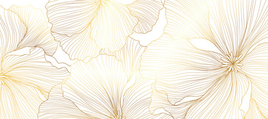 Luxury golden poppy flower line art background vector. Natural botanical elegant flower with gold line art. Design illustration for decoration, wall decor, wallpaper, cover, banner, poster, card. 