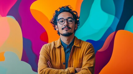 Fototapeta premium A man with glasses and a beard stands in front of a colorful background