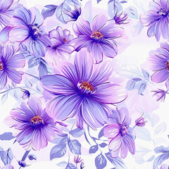 Seamless purple floral pattern with delicate blossoms and leaves for fabric, wallpaper, or decorative design inspirations. Watercolor daisy flower for spring backdrop concept.