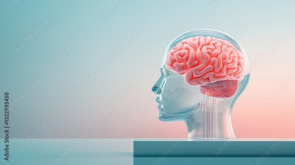 Poster abstract brain or ai icon: futuristic robot head with a glowing brain visible through a transparent 